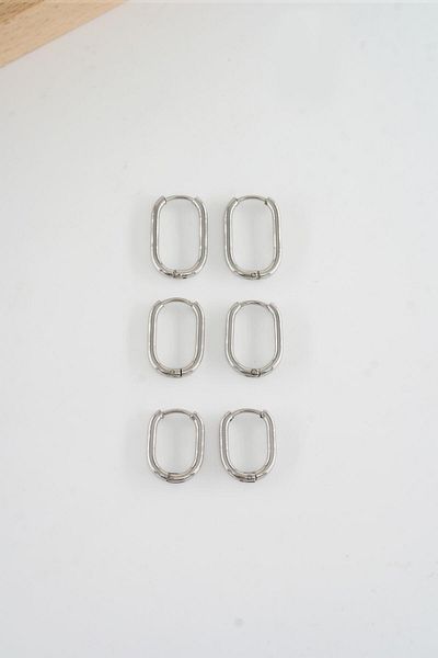 By Zeyna Aksesuar Women's 316 L Steel Anti Allergenic Rectangular Model 3 Length 1.8cm / 2.2cm /2.5Cm Clip-On Set of 6 Earrings