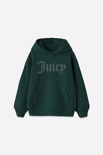 3 ROPE Hanorac supradimensionat cu glugă imprimat cu strasuri Juicy, cu fleece în interior, din bumbac cu 3 fire, unisex, verde