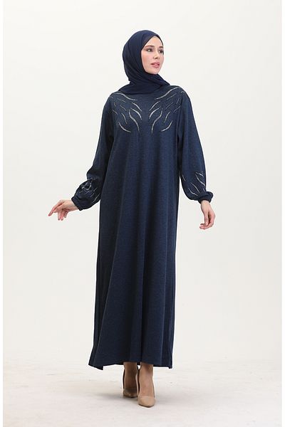sefamerve Strasskleid mit elastischen Ärmeln 0547-03 Marineblau
