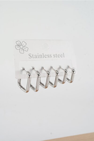 By Zeyna Aksesuar Kadın 316 L Çelik Anti alerjenik Kare Model 3 Boy 1.8cm / 2.2 cm /2.5 cm Klipsli 6'lı Set Küpe