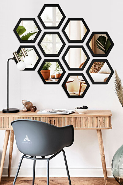 AHWART Altıgen Dekoratif Ayna Seti Ahşap 10 Adet Pleksi Ayna Geometrik Ayna P...