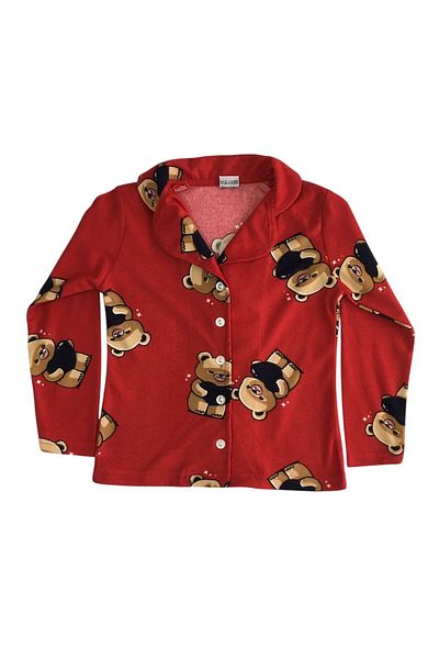Arya Nisa Kids Girl's Red Teddy Bear Patterned Front Button Suede New Year Concept Pajamas Set