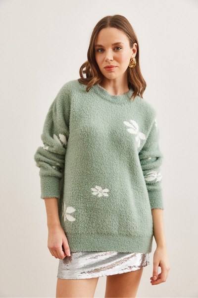 Olalook Women's Mint Green Floral Print Soft Textured Knitwear Sweater Kzk- 19000900