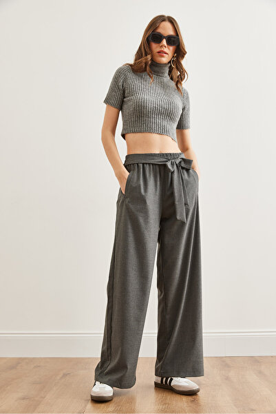 Olalook Kadın Füme Beli Kendinden Kuşaklı Lastikli Palazzo Pantolon PNT-19000307