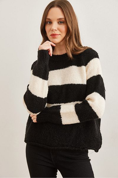 Olalook Pulover de damă, negru, cu dungi groase, cu gâtul turn, KZK- 19000903