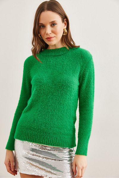 Olalook Women's Grass Green Crew Neck Soft Textured Beard Sweater Kzk- 19000858