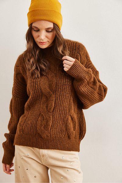 Olalook Women's Bitter Brown Thick Hair Braided Soft Textured Knitwear Sweater Kzk- 19000902