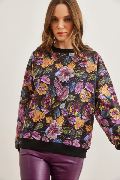 Olalook Dámská květinová černá základní volná mikina s měkkou texturou Swt- 19000457