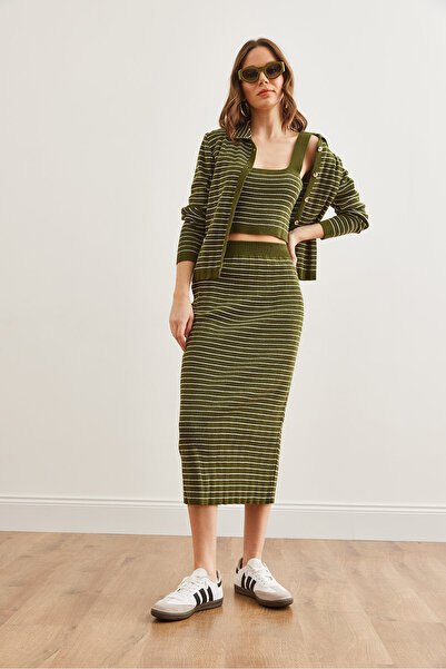 Olalook Women's Khaki 3 Piece Striped Knitwear Suit Tkm- 19000322