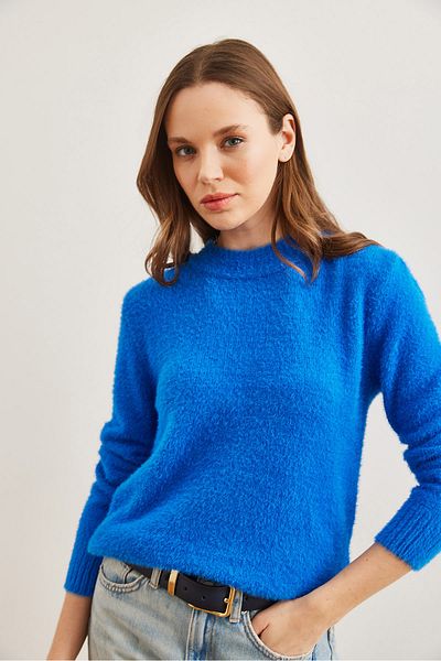 Olalook Saks Blue Crew Neck Soft Textured Women's Sweater - Kzk- 19000858