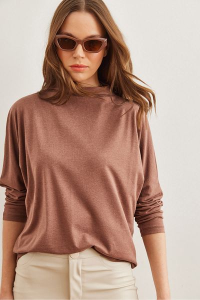 Olalook Women's Camel Stand Collar Bat Wool Viscose Blouse Blz- 19002800
