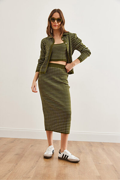 Olalook Women's Khaki 3 Piece Striped Knitwear Suit Tkm- 19000322