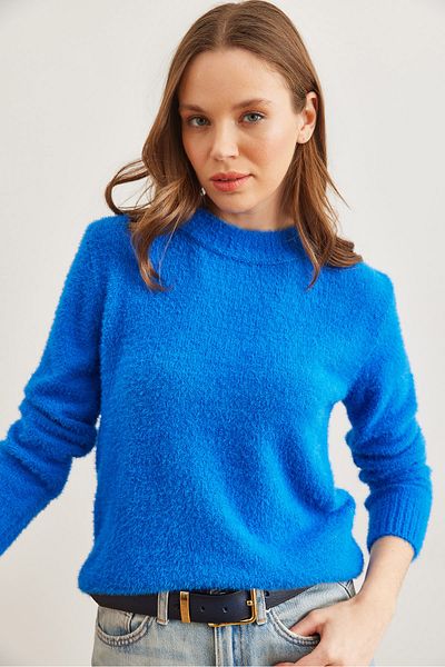 Olalook Saks Blue Crew Neck Soft Textured Women's Sweater - Kzk- 19000858