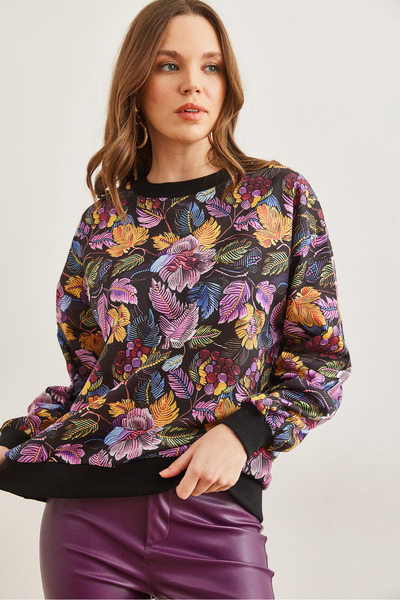 Olalook Dámská květinová černá základní volná mikina s měkkou texturou Swt- 19000457