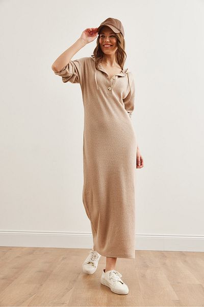 Olalook Women's Camel Buttoned Hooded Oversize Ribbed Maxi Dress Elb- 19002319