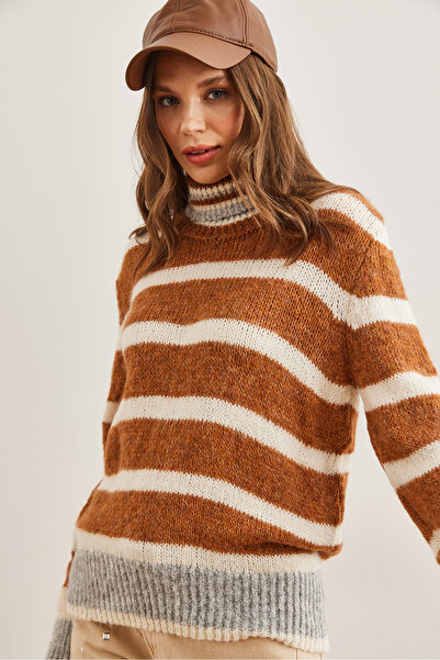 Olalook Women's Brown Turtleneck Striped Soft Textured Knitwear Sweater Kzk- 19000915