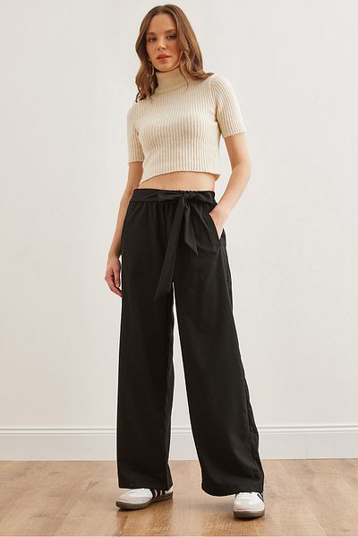 Olalook Schwarze Palazzo-Damenhose – mit Gürtel und Gummizug, PNT- 19000307