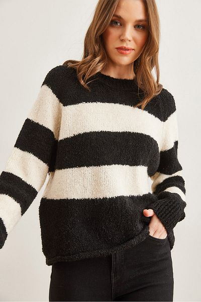 Olalook Pulover de damă, negru, cu dungi groase, cu gâtul turn, KZK- 19000903