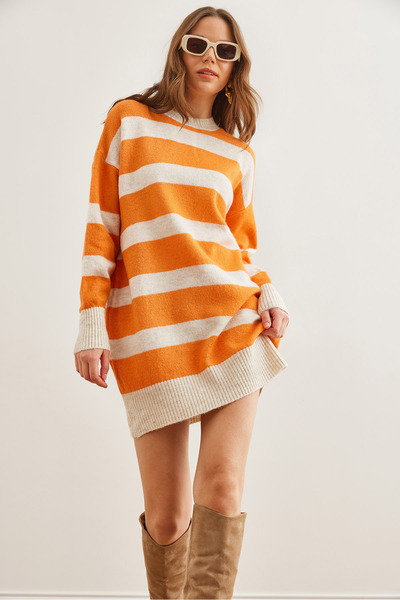 Olalook Women's Orange Thick Striped Soft Textured Knitwear Tunic Dress Elb- 19002281
