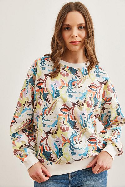 Olalook Damen Aquarell Ecru Basic Soft Textured Loose Sweatshirt SWT- 19000457