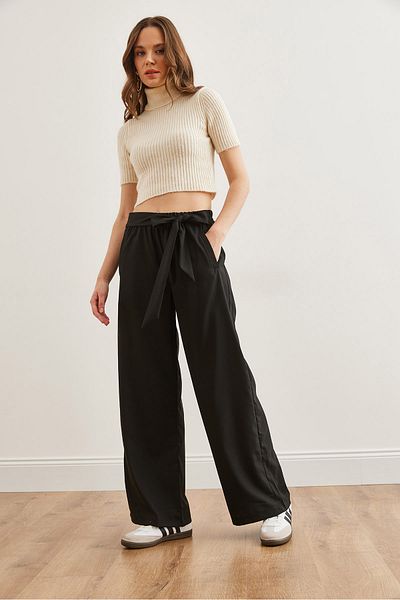 Olalook Schwarze Palazzo-Damenhose – mit Gürtel und Gummizug, PNT- 19000307