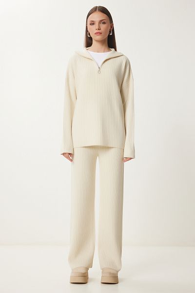 Happiness İstanbul Damen-Strickpullover-Hosenanzug mit Knochenreißverschluss PF00105
