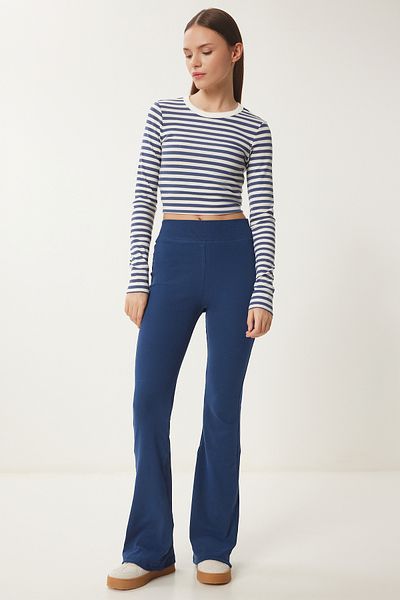 Happiness İstanbul Marineblaue Strick-Leggings mit hoher Taille und spanischem Bein für Damen XR00021