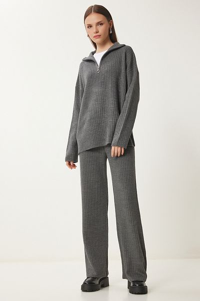 Happiness İstanbul Women's Anthracite Zippered Ribbed Knitwear Sweater Pants Suit Pf00105