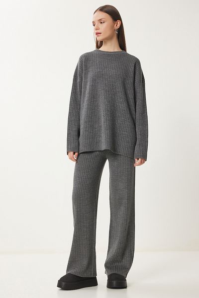 Happiness İstanbul Women's Anthracite Corduroy Sweater Pants Suit Pf00104