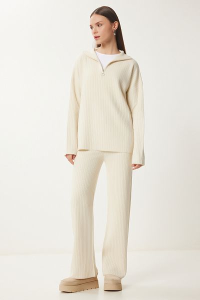 Happiness İstanbul Damen-Strickpullover-Hosenanzug mit Knochenreißverschluss PF00105