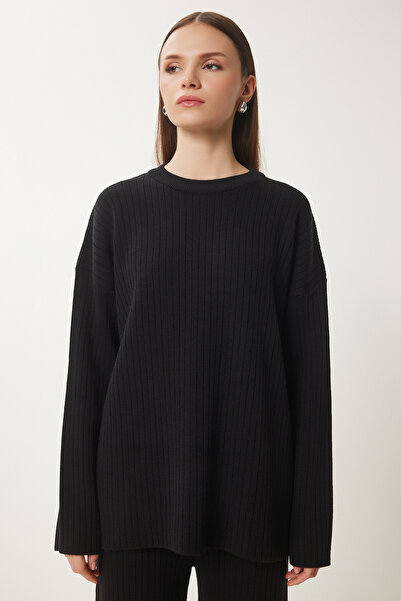 Happiness İstanbul Női fekete bordás kötöttáru pulóver nadrág szett pf00104