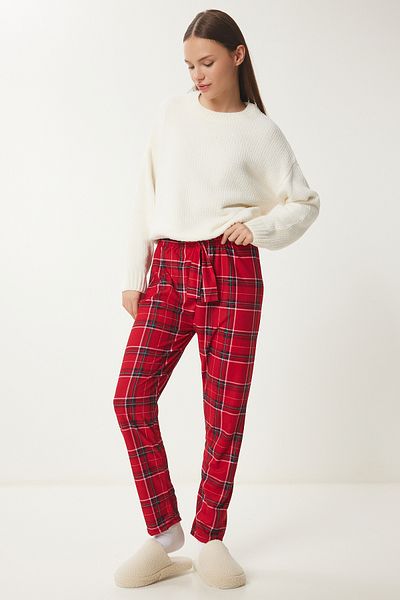 Happiness İstanbul Red Ecru Patterned Soft Women's Sleepwear Bottoms - Ce00089