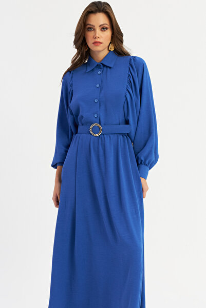 Cool & Modest Rochie maxi de damă cu centură albastră - MASF15