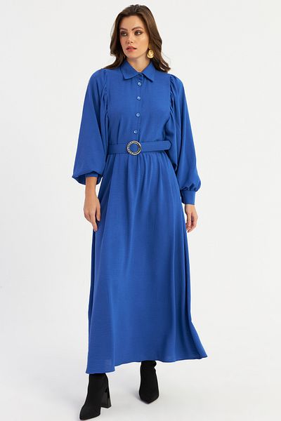 Cool & Modest Rochie maxi de damă cu centură albastră - MASF15