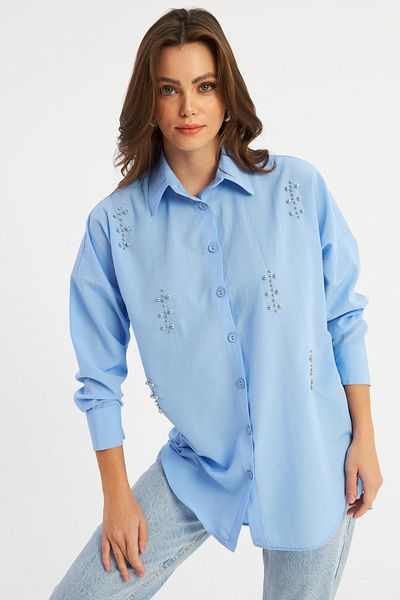 Cool & Modest Blaues, mit Nieten besetztes Damenhemd – MASF1