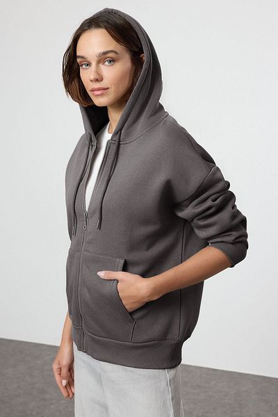 Trendyol Collection Anthrazit Oversize Basic Dickes Fleece mit Kapuze und Reißverschluss