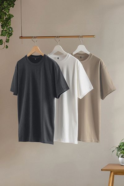 Trendyol Collection Stone-Ecru-Anthrazit Slim/Slim Cut Crew Neck Basic 100 % Baumwolle 3er-Pack T-Shirt TMNSS19BO0007