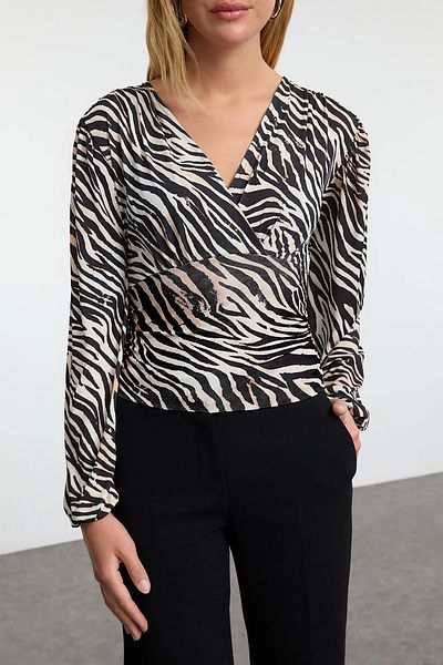 Trendyol Collection Green Animal Print Stretchy Double Breasted Blouse - Long Sleeve with Drape Detail Twoaw25Bz00021