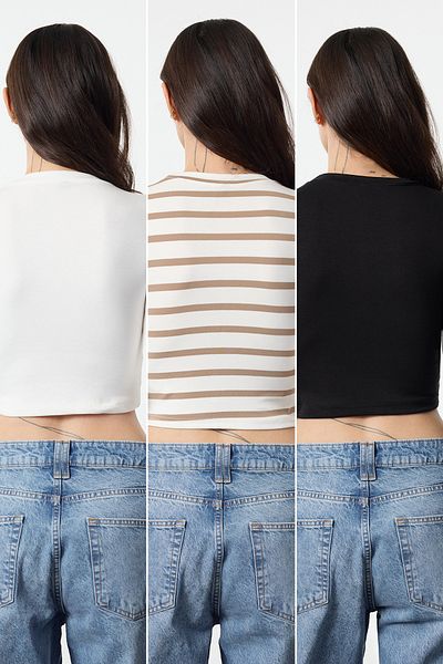Trendyol Collection Pack of 3 Black-White-Mink Striped Crop Blouse - Twoaw25Bz00300