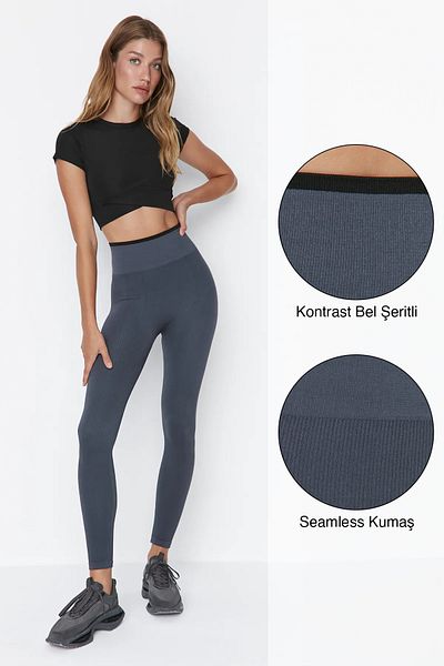 Trendyol Collection Anthrazitfarbene nahtlose/nahtlose Kontrastfarben-detaillierte gestrickte Sportstrumpfhose in voller Länge TWOAW23TY00030