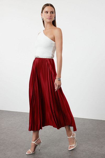 Trendyol Collection Burgundy Pleated Maxi Stretchy Knitted Skirt Twoss24Et00041