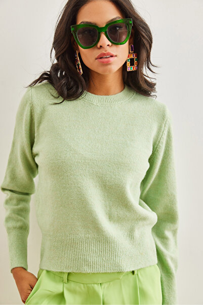 Olalook Pulover de tricotaj verde mentă cu decolteu - Textura moale KZK- 1900...