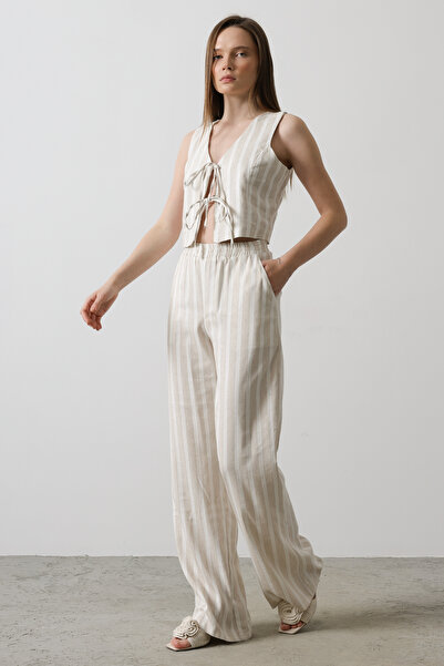 Trendyol Collection Beige Linen Look Striped Elastic Waist Trousers Twoss25Pl00037