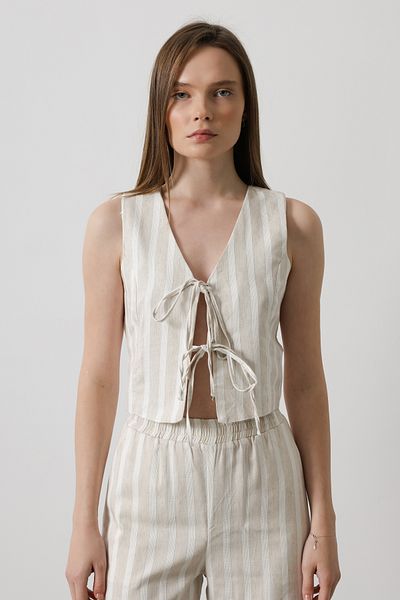 Trendyol Collection Μπεζ λινό υφή με κορδόνι μπροστά Λεπτομέρεια ριγέ V λαιμόκοψη υφασμένη μπλούζα TWOSS25BZ00159