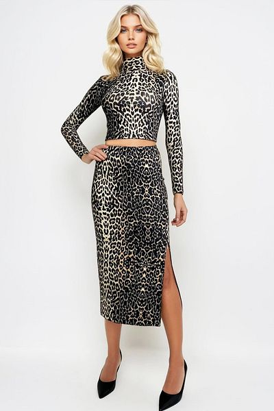 Trend Alaçatı Stili Set bluză și fustă maxi cu textura moale cu imprimeu leopard - ALC-X13326