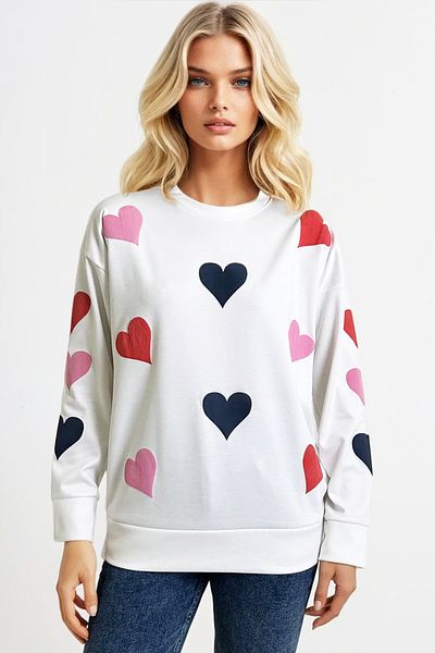 Trend Alaçatı Stili Ecru Color Oversize mikina – Crew Neck, Heart Print, 2 Thread Alc-X13314