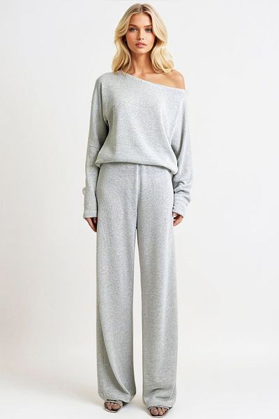 Trend Alaçatı Stili Gray Glitter Boat Neck Blouse and Pants Set - Alc-X13318