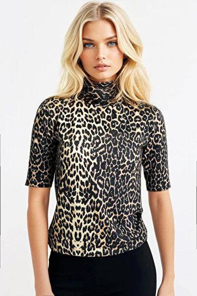Trend Alaçatı Stili Women's Leopard Half Turtleneck Half Sleeve Knitwear Blouse Alc-X13007