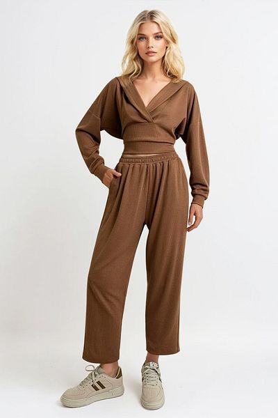 Trend Alaçatı Stili Women's Biscuit Hooded Double Breasted Lapel Loose Fit Seasonal Bottom Top Suit Alc-X13268