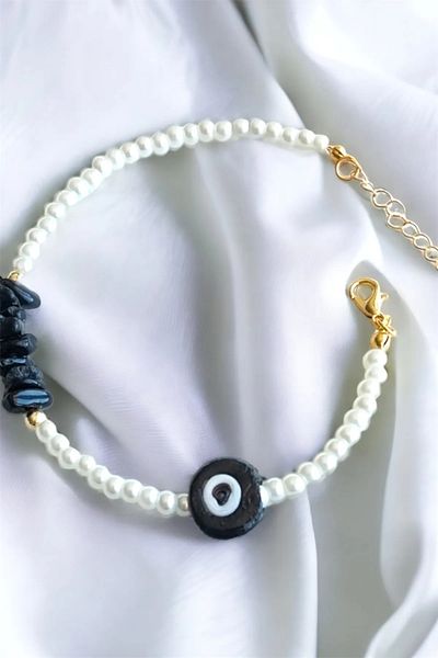 Sose Moda خلخال من الحجر الطبيعي المكسور مع خرز عين الشر الأسود
